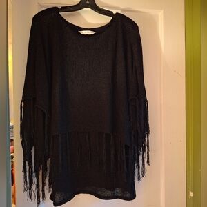 Peter Nygard Women's M-L Black Mesh Fringed BOHO Tunic Layered Top Pre-owned